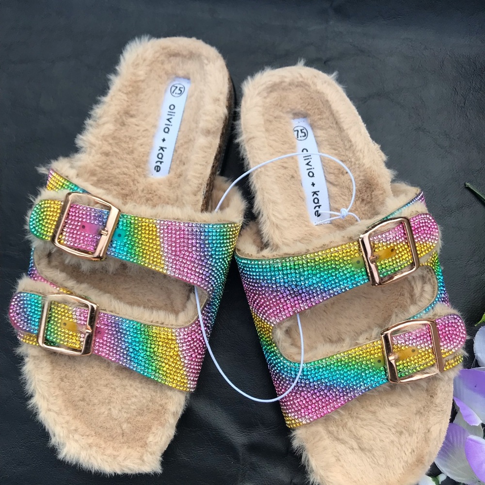 Stephy Furry Slide Sandals Rainbow Woman’s 7.5